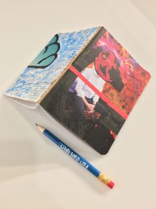 DIY Mental Health Journal with collage cover featuring red images on the front and blue images and text on the back